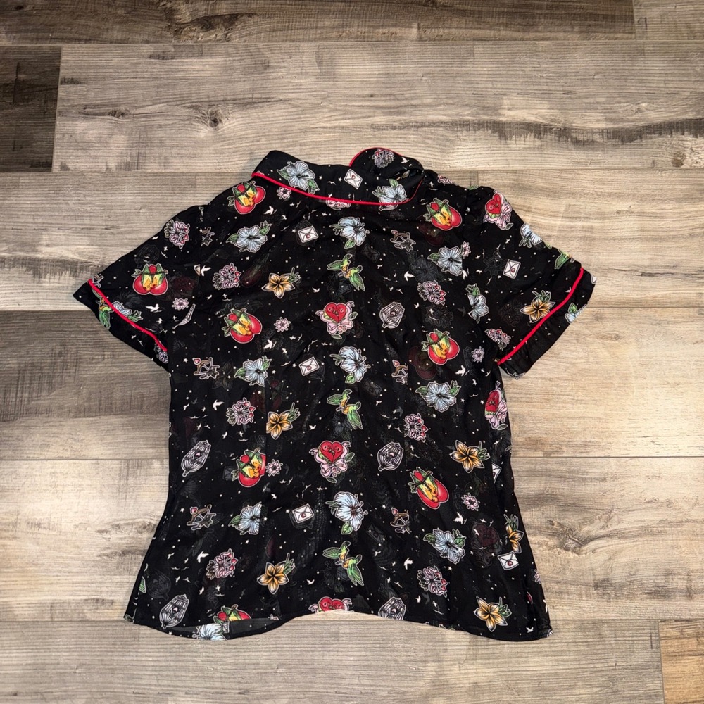 Hell Bunny Sheer Tattoo Print Button Up Blouse Black Pinup Rockabilly‎ - Picture 2 of 5
